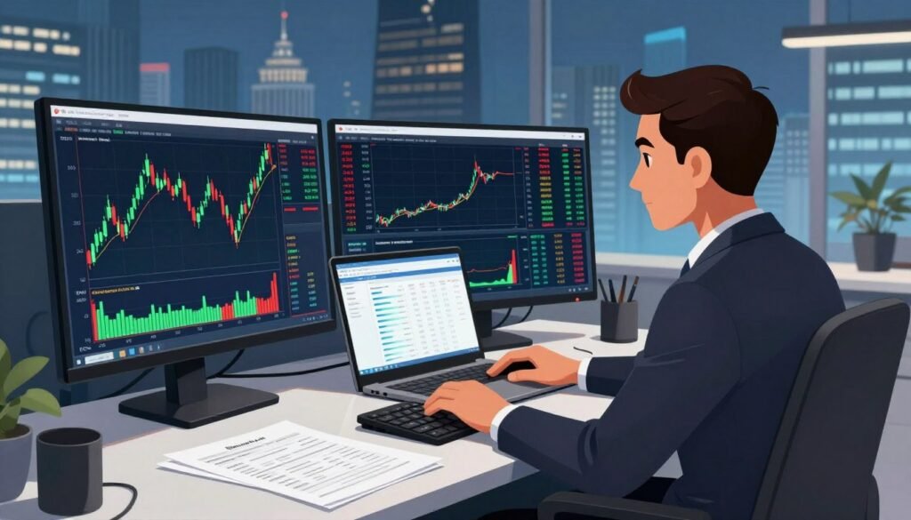 A dynamic Forex trading scene in India, featuring a professional trader in a sleek office environment, wearing business attire and analyzing multiple screens displaying real-time currency charts and market data. In the foreground, a large monitor shows a vibrant candlestick chart with green and red indicators representing market fluctuations. The middle ground includes a modern desk cluttered with financial reports and a laptop, showcasing trading platforms. In the background, a panoramic cityscape of Mumbai symbolizes economic growth and opportunities. Soft, focused lighting highlights the trader’s concentration, and a hint of blue ambient light adds a contemporary feel. Overall, the atmosphere is intense yet inspiring, illustrating the challenges and opportunities in Forex trading. Include the brand logo "Newzwali.com" subtly integrated into the office decor.
