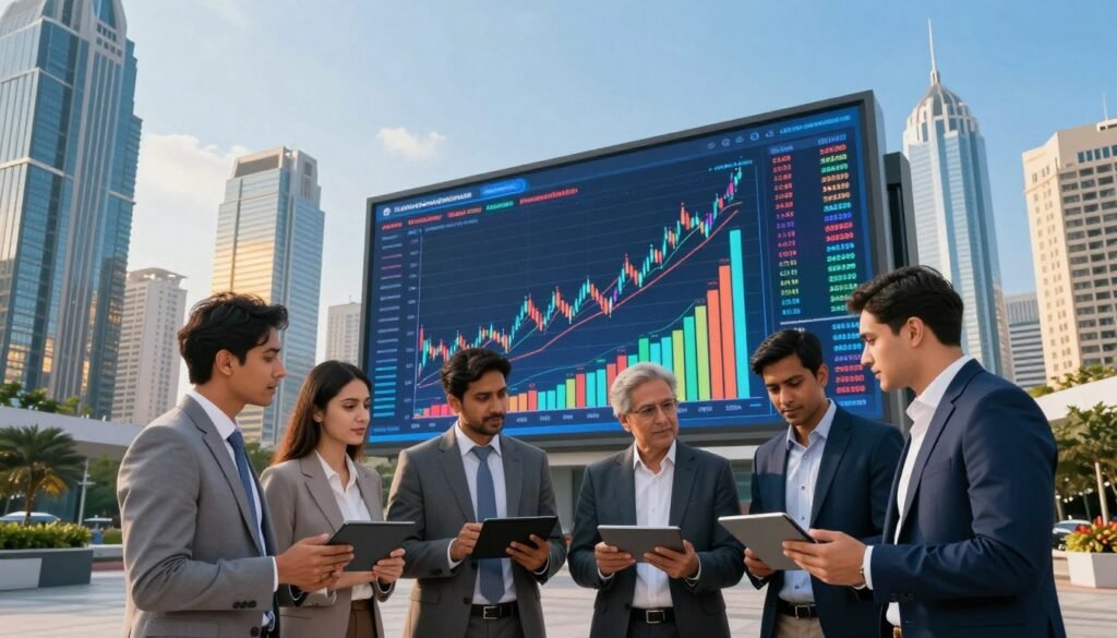 A dynamic scene illustrating the growth of the Indian stock market, featuring a futuristic urban landscape. In the foreground, a diverse group of four professionals dressed in smart business attire, engaged in discussions while looking at charts on digital tablets. The middle section showcases a large screen displaying bullish stock graphs with upward trends and key market sectors like technology, pharmaceuticals, and renewable energy highlighted. The background features iconic Mumbai skyscrapers and financial district architecture, under a bright blue sky with soft, golden sunlight reflecting off the buildings. The atmosphere conveys optimism and opportunity, emphasizing progress and investment potential in India’s economy. Use a wide-angle lens to capture the full scope of the scene, with balanced natural lighting to enhance clarity and vibrancy.