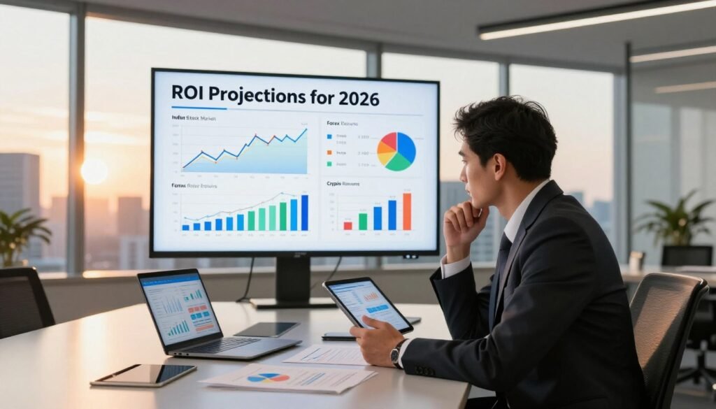 A modern office setting featuring a large digital screen displaying "ROI Projections for 2026" with colorful graphs and charts representing Indian stock market, Forex, and Crypto returns. In the foreground, a well-dressed business professional in a suit analyzes the data on a tablet, looking engaged and thoughtful. The middle ground showcases a sleek conference table with papers and a laptop open with financial analysis. In the background, large windows reveal a city skyline at sunset, casting warm golden light into the room, creating a bright and optimistic atmosphere. The overall mood conveys professionalism and forward-thinking investment strategies, with a focus on clarity and insight in financial planning.