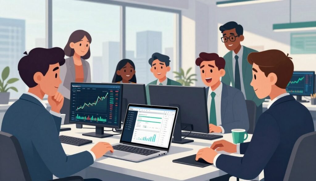 A modern, stylish office workspace illustrating cryptocurrency trading strategies, featuring a sleek desk with a high-end laptop open to a cryptocurrency trading platform. In the foreground, a diverse group of professionals in business attire, focused on their screens and collaborating, showcasing a mix of expressions—from concentration to excitement. The middle ground includes charts and graphs displayed on digital screens, emphasizing upward trends in cryptocurrency investments. The background showcases large windows with a city skyline, bathing the room in natural light, creating a bright and optimistic atmosphere. The overall color palette is a mix of blue and green tones, symbolizing finance and growth. The branding “Newzwali.com” subtly integrated into the design, enhancing the professional image without distractions.